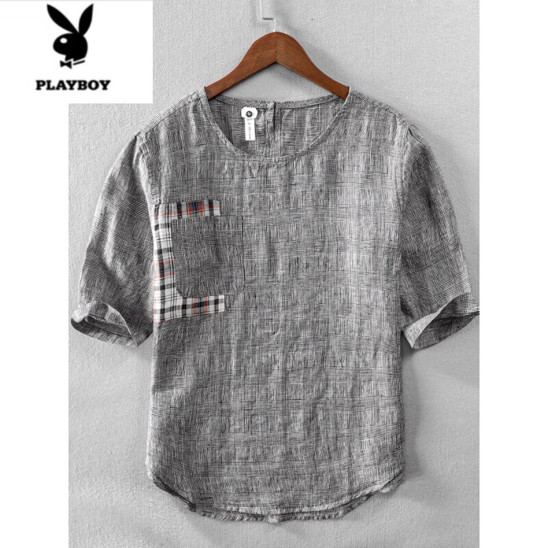 花花公子（PLAYBOY）中国风亚麻t恤男短袖棉麻口袋上衣夏季薄款拼接宽松男装体恤男潮 灰色 4XL 建议190-210斤