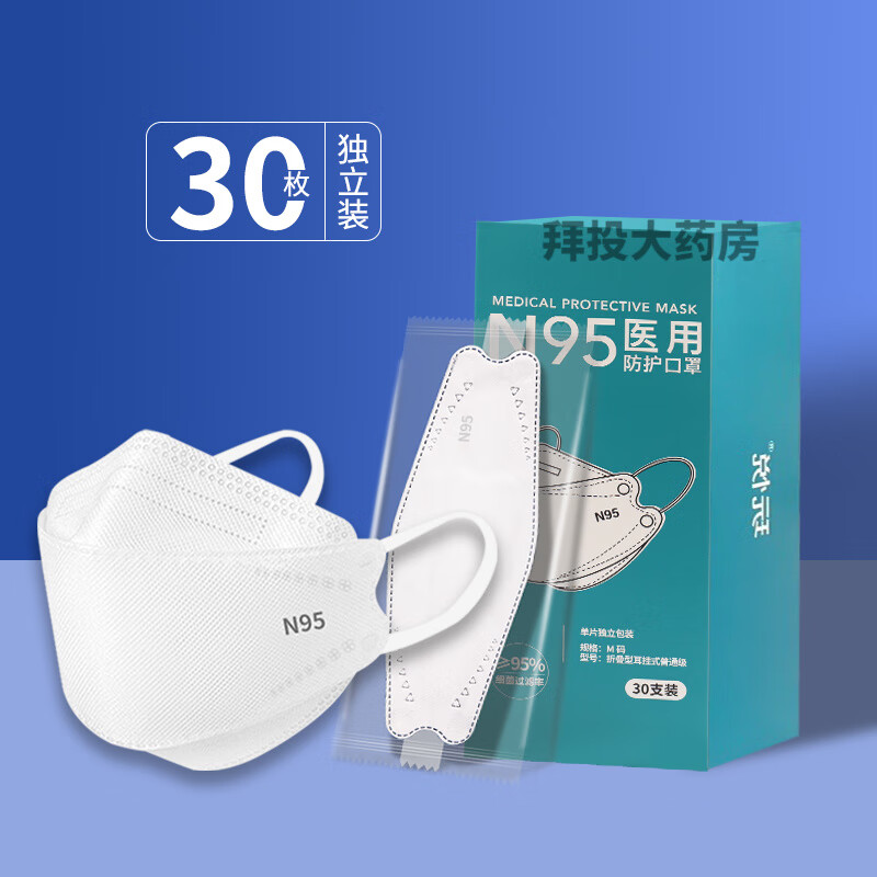 通用N95医用防护口罩一次性医疗级别成人儿童医护专用 【N95医用级】白色30只【独立包装】