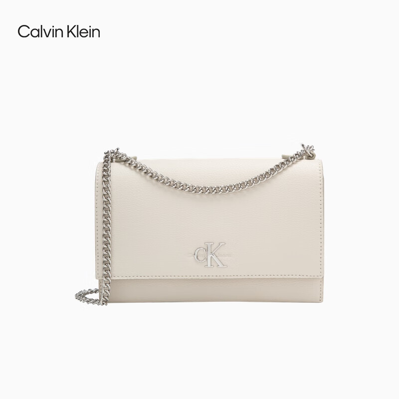 Calvin Klein【新年礼物】通勤单肩包荔枝纹包包金属搭扣链条翻盖CK女包斜挎包 GTR-牛乳白 OS
