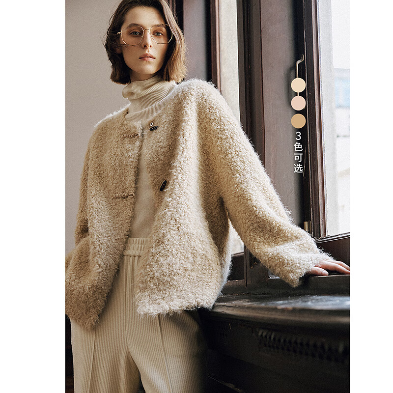 LILY冬新款女装仿羊羔绒新中式牛角扣保暖气质圆领外套女短款 705浅驼 M