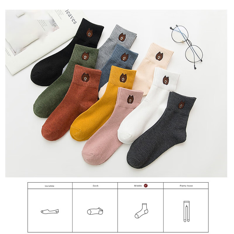 东方缘5双装女士秋冬中筒袜百搭透气日系可爱休闲精梳棉袜 混色 5双
