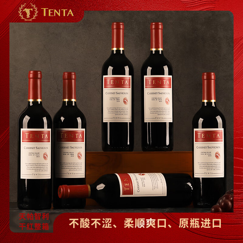 天帕（TENTA）智利中央山谷原瓶进口红酒赤霞珠干红葡萄酒红酒6瓶750ml整箱送礼 【送开瓶器、礼袋】六瓶装