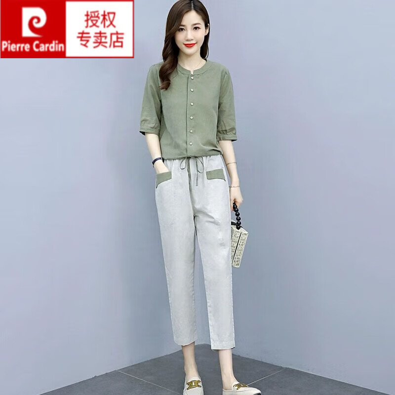 皮爾卡丹（pierre cardin）休閑亞麻棉麻套裝女夏天2025新款洋氣減齡小個子媽媽品牌兩件套褲 軍綠色 M 【建議90-105斤】