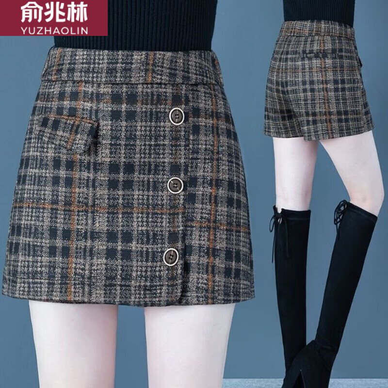 俞兆林（YUZHAOLIN）毛呢格子褲裙女2024秋冬新款復(fù)古高腰闊腿a字短褲外穿假兩件裙褲 圖片色 M 101-109斤