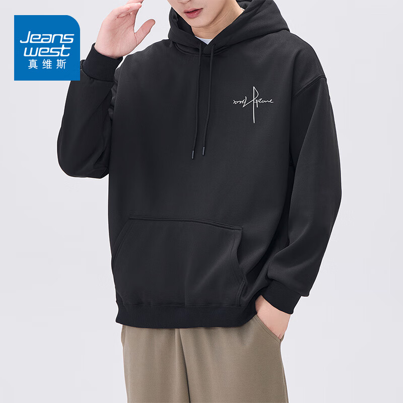 真维斯（Jeanswest）连帽卫衣男士春秋季潮流印花青少年上衣宽松学生外套 小标线条自由意志黑色 XL