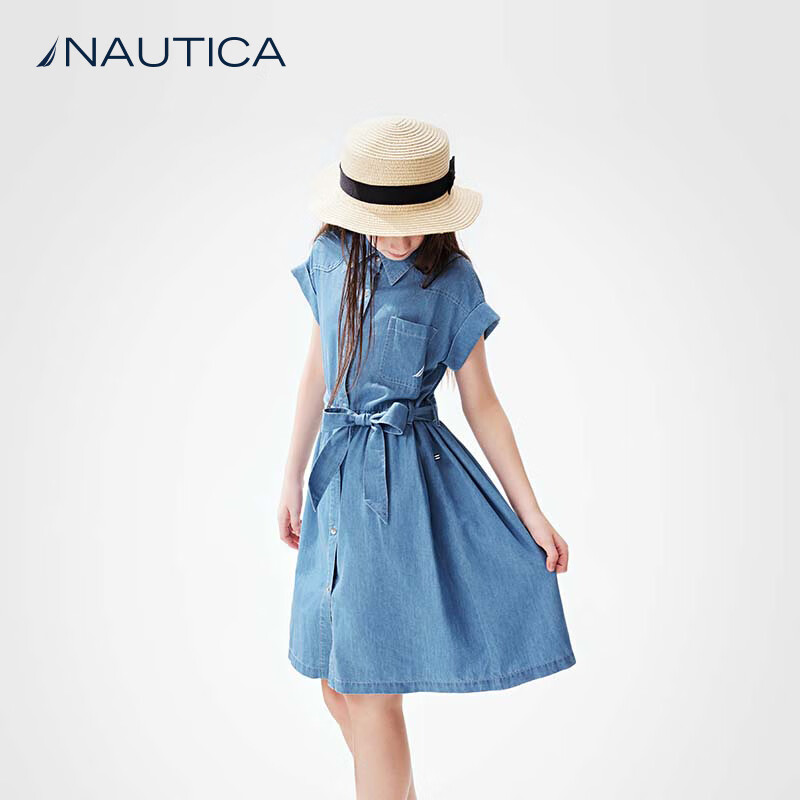 NAUTICA童裝【2025夏季】 女童牛仔連衣裙兒童牛仔裙裝裙子公主裙衣服 淺藍-涼感天絲牛仔 160
