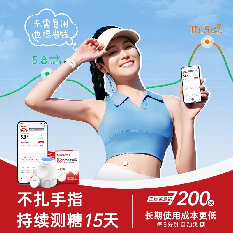 三诺爱看动态血糖仪二代i6免扎手指家用15天持续血糖检测仪 【爱看2代1盒装】测糖15天