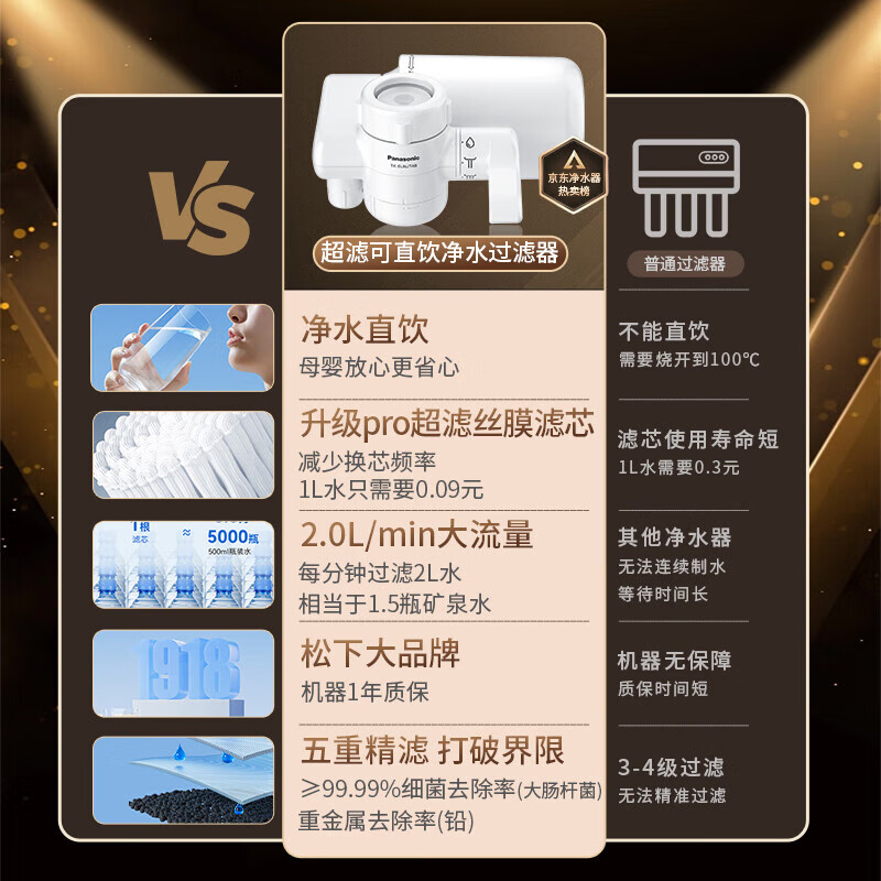 松下水龙头过滤器净水器超滤可直饮自来水家用厨房卫生间直饮净水器 一机二芯(数显可直饮)