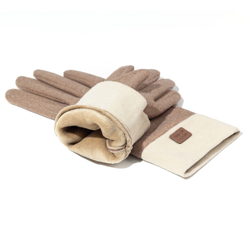 达芬奇密码 秋冬季开车可触屏加绒保暖防风防寒手套女 白线 卡其 均码