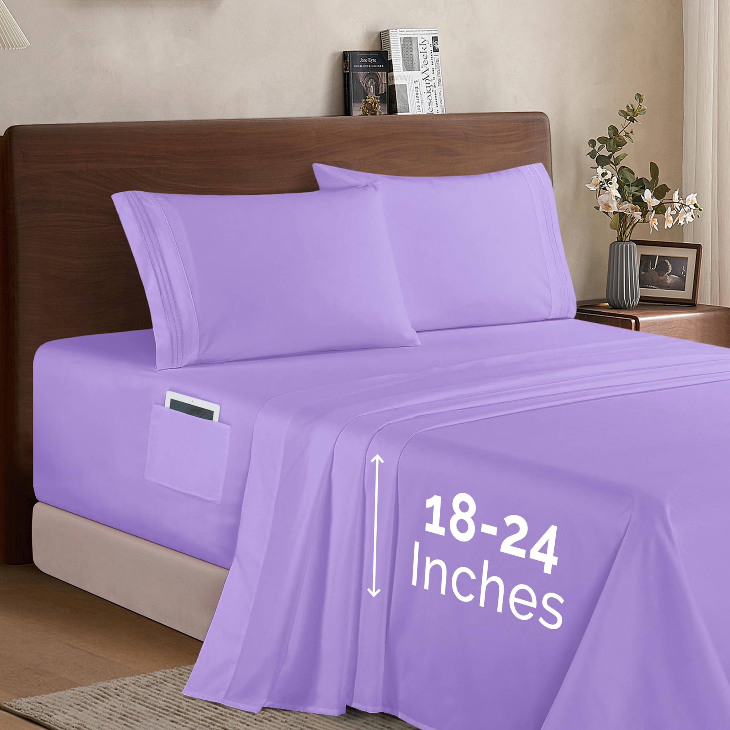 Elegant Comfort 四件套床单 深口袋60cm 微纤维 现代风格 薰衣草紫