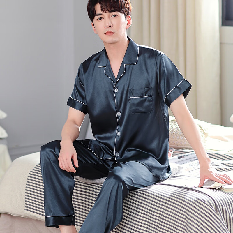 CATTYANDA 男士冰丝睡衣男春夏季短袖长裤薄款大码家居服套装 短袖纯色款-墨绿 3XL （165-185斤）