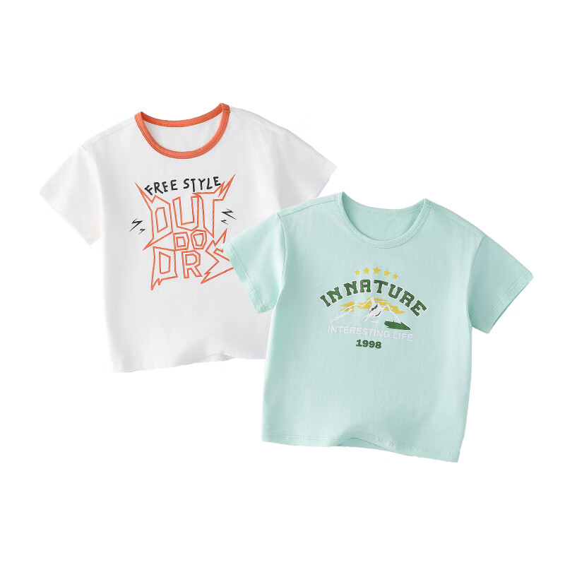 棉花堂【100%棉+抗菌】童装儿童T恤两件装女童短袖T男童上衣纯棉xt3 组合四:米白,浅绿 110