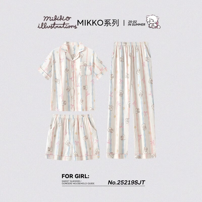 宫蝶【礼盒装】mikko联名睡衣女春夏季短袖长裤三件套卡通家居服 mikko满印三件套 L （建议100-120斤）