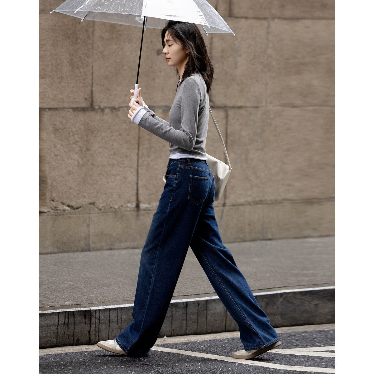 德玛纳【怀旧单宁】春季复古风云感棉磨白阔腿裤舒适藏肉个性女式牛仔裤