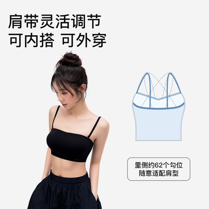 曲线主义 小方杯无肩带内衣抹胸粉底液防滑聚拢隐形无痕裹胸文胸罩 春夏款 【短款平纹】黑色+肤色 M 码