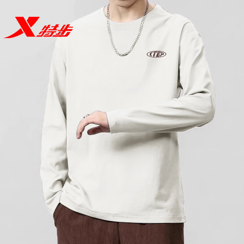 特步长袖t恤男速干春季新款薄款圆领休闲上衣宽松弹力健身跑步上衣男 山月白 L /175