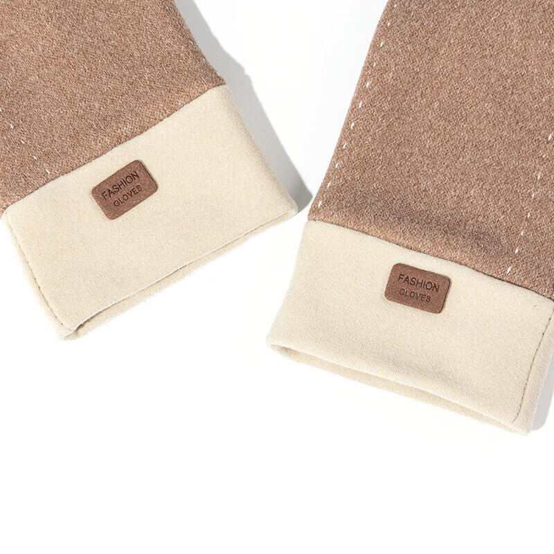 达芬奇密码 秋冬季开车可触屏加绒保暖防风防寒手套女 白线 卡其 均码