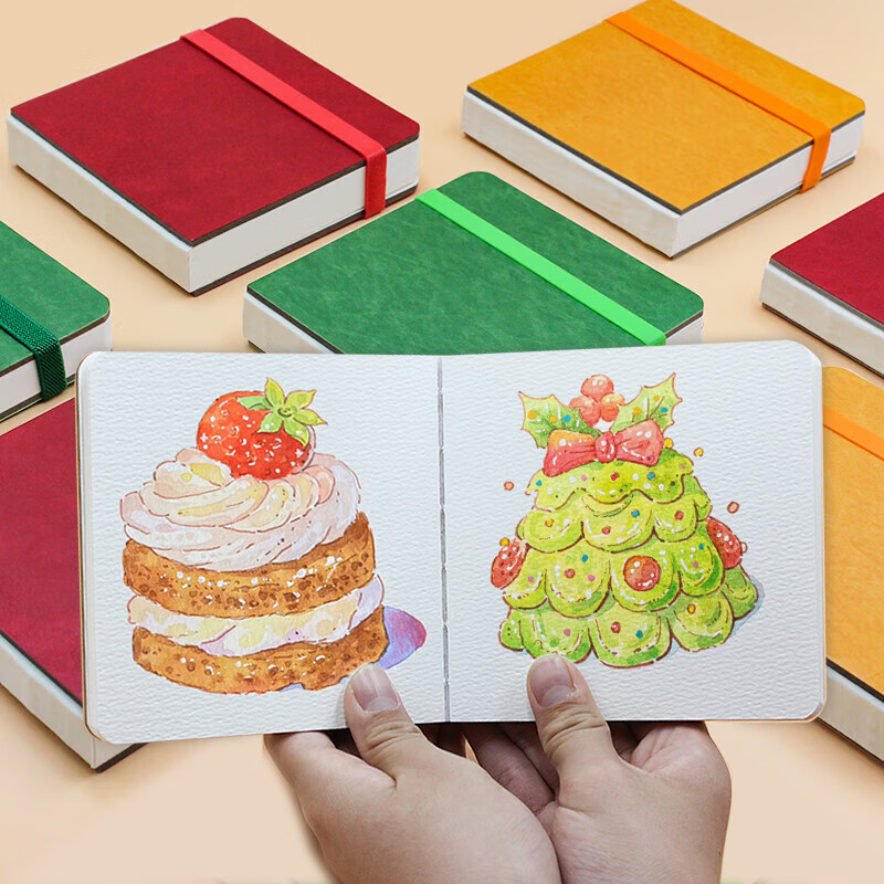 本语时光全棉半棉水彩丙烯马克笔速写方形随身绘画本仿皮300克中粗细纹硬面彩铅油画棒涂鸦画画本 绿色（半棉中粗， 12厘米*12厘米）