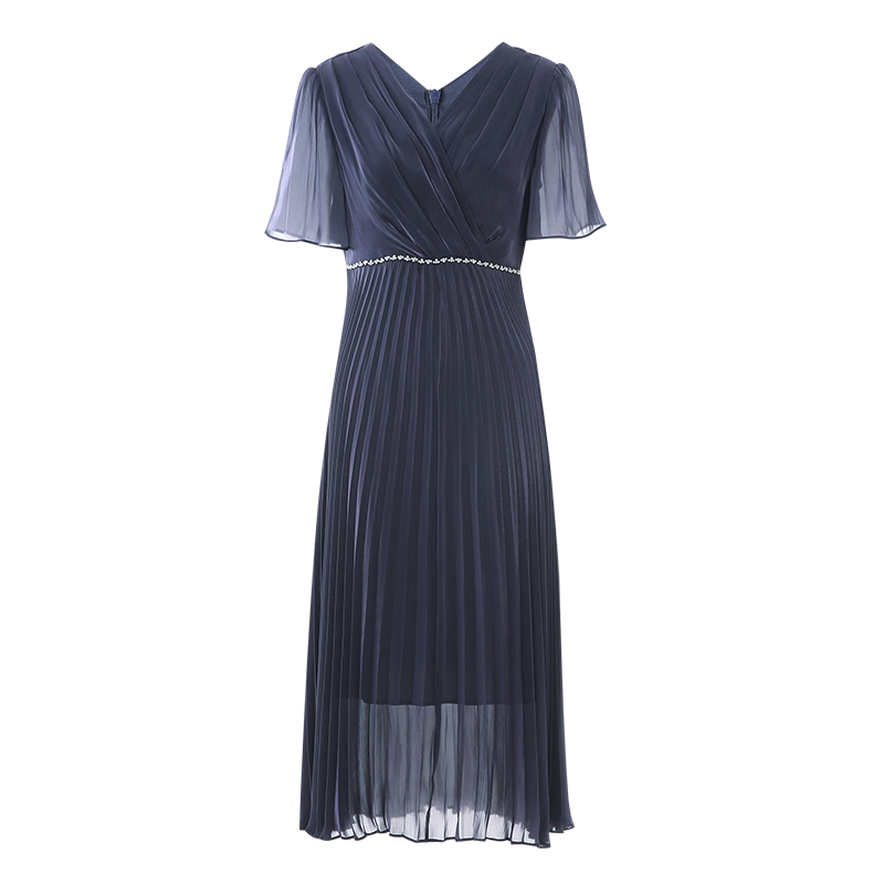 愛(ài)特愛(ài)（EITIE）高級(jí)感柔光細(xì)閃收腰百褶輕禮服連衣裙2025夏季新款戰(zhàn)袍7877503 深海藍(lán)31 L (165)