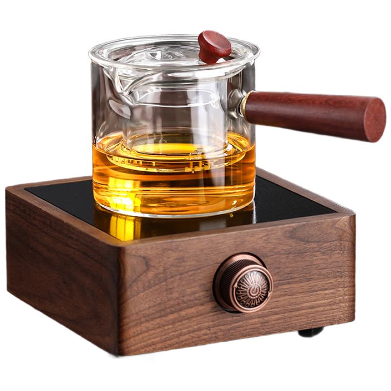不拙煮茶壺玻璃煮茶器電陶爐養(yǎng)生壺  【旋鈕】胡桃木小方爐+高直覺壺