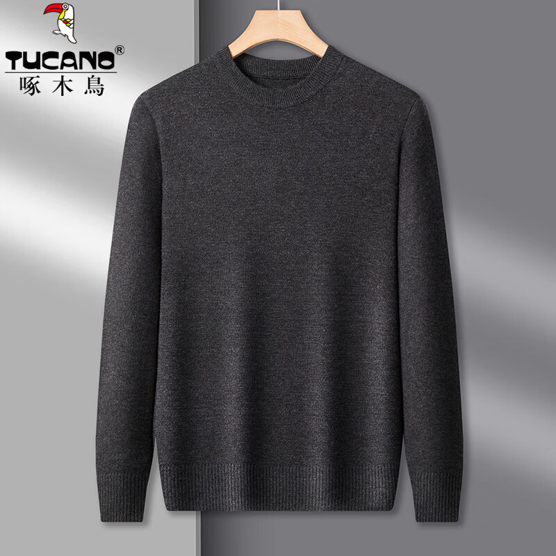 啄木鸟长袖毛衣男圆领纯色加厚男士针织衫冬季中年宽松非羊保暖毛衫绒衫 黑色 加厚 3XL (185) 推荐170-185斤
