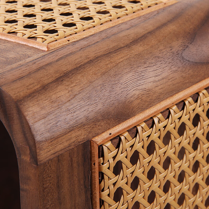 LIUIUSU手工实木藤编收纳篮 黑胡桃木高级轻奢衣物收纳筐桌面整理杂物筐 藤木筐-大号高款（45*30*20cm）