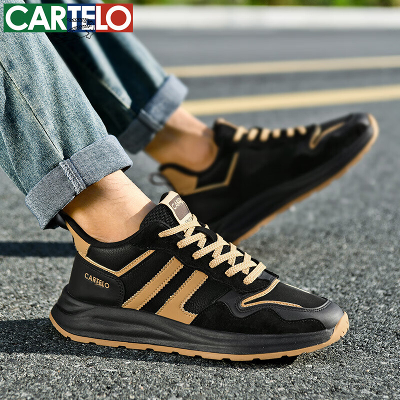 卡帝乐鳄鱼男士运动鞋潮流系带百搭运动鞋厚底复古防滑鞋子男舒适减震男鞋 黑黄 41