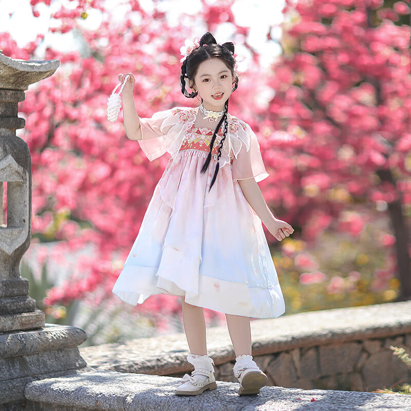 旗鉑漢服女童夏款2025新款兒童超仙古風(fēng)小女孩連衣裙 桃花朵  150 