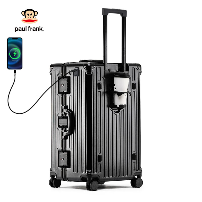 大嘴猴（Paul Frank）拉杆箱男防刮行李箱女轻音万向轮坚固旅行箱学生日系出差大皮箱 黑色铝框 (杯架+usb)升级版 26英寸 长途出行