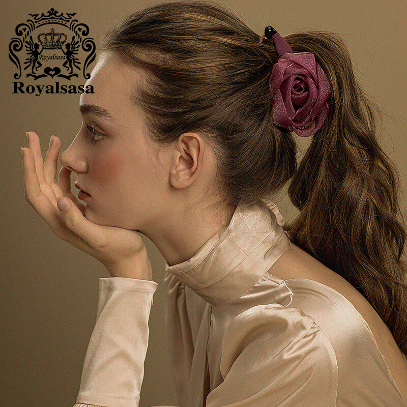 Royal sasa發(fā)夾發(fā)飾紗質(zhì)花朵香蕉夾豎夾韓國馬尾夾扭扭夾盤發(fā)頭飾品 香檳色CP