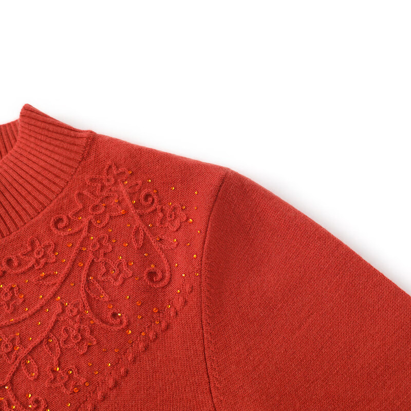 恒源祥提花烫钻纯羊毛衫女纯羊毛半高领秋冬新款女装气质打底妈妈装毛衣 KY12418丹秋桔 L /170/92A