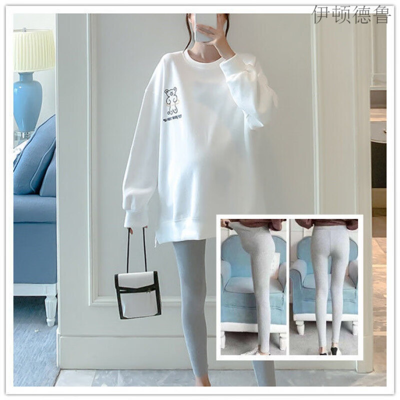 伊顿德鲁 孕妇装套装春秋两件套怀孕期宽松潮妈遮肚卫衣中长款孕妇长袖上衣 白色小熊卫衣+可调节灰托腹长裤 L【100-120斤】