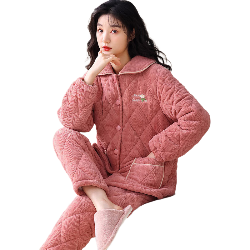 多拉美睡衣女冬夾棉長袖加厚加絨三層保暖冬季女士家居服珊瑚絨套裝 2XL