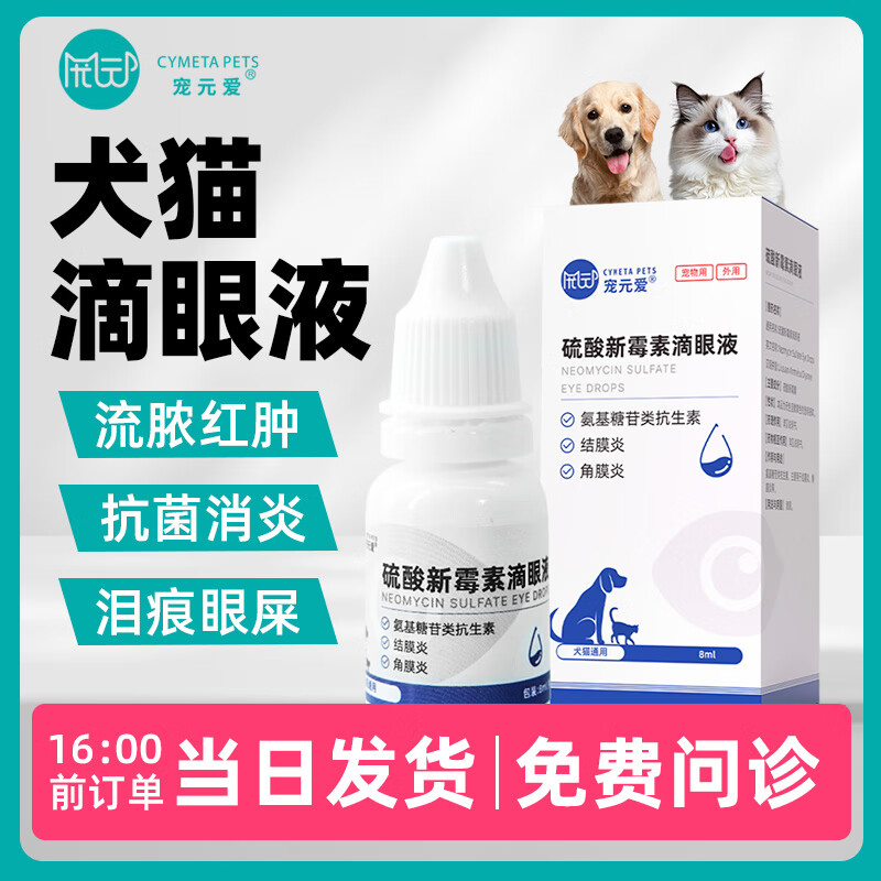 宠元爱硫酸新霉素滴眼液宠物猫咪鼻支眼药水狗狗泪痕结膜发炎流泪抗菌消炎 硫酸新霉素滴眼液*1瓶 京东折扣/优惠券