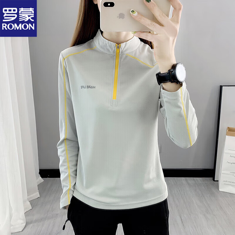 罗蒙户外速干衣女 春夏季薄款透气吸湿排汗长袖t恤登山服跑步运动上衣 浅灰 2XL（体重120-130斤）