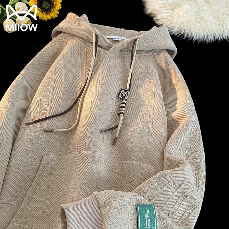 猫人连帽卫衣外套男春秋季重磅美式复古潮流百搭宽松大码男生上衣服 T21卡其色 XL