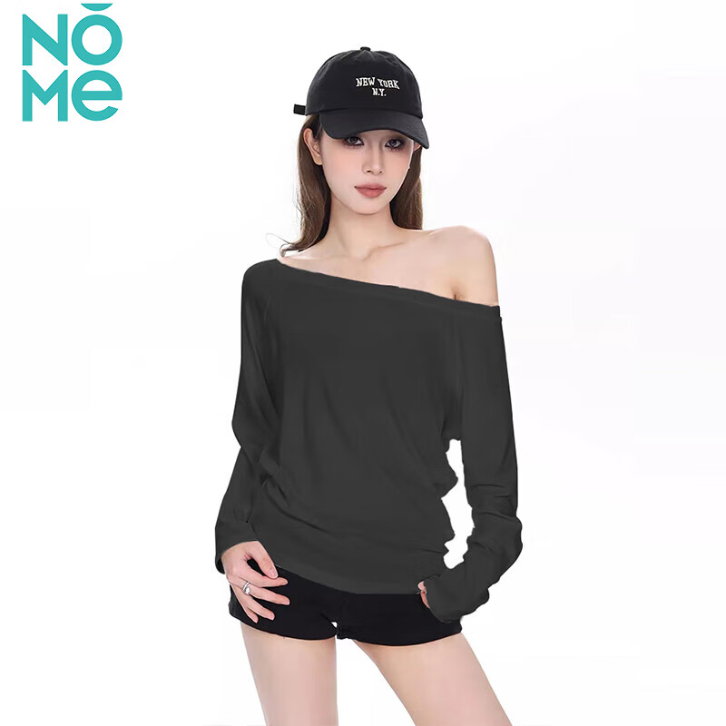 NOME長(zhǎng)袖t恤女早秋新款斜肩純欲內(nèi)搭打底衫辣妹修身小眾上衣 黑色 L 