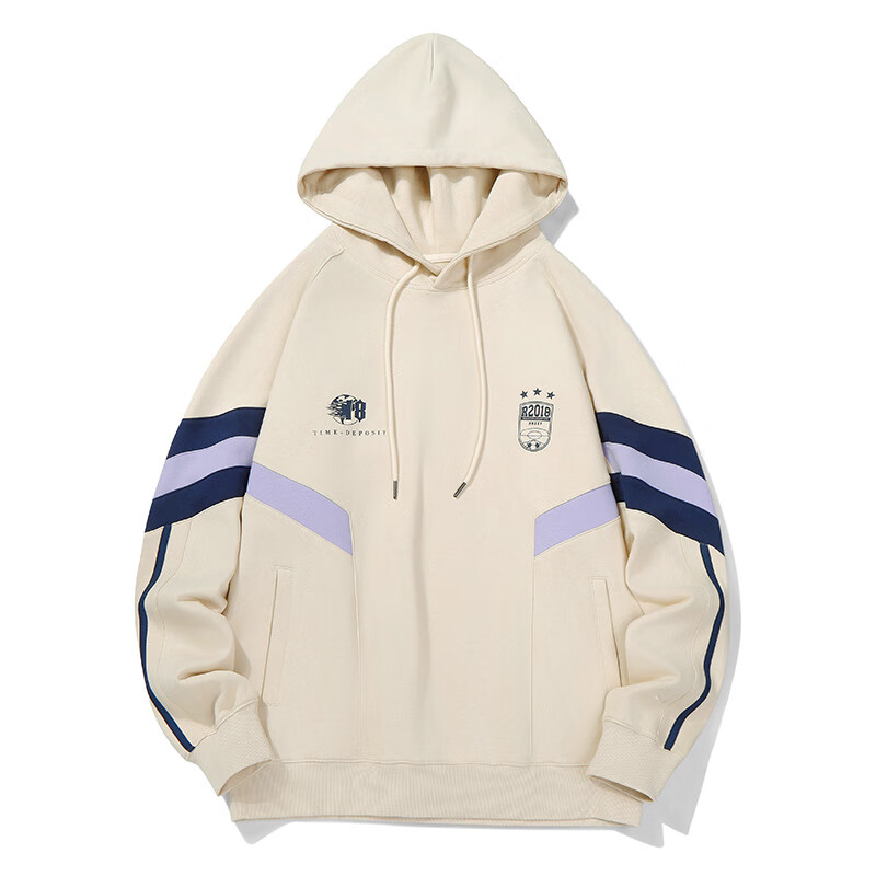 公鸡冠军春季新款卫衣浅杏色男女同款连帽刺绣拼接撞色简约宽松外套 浅杏色 XL