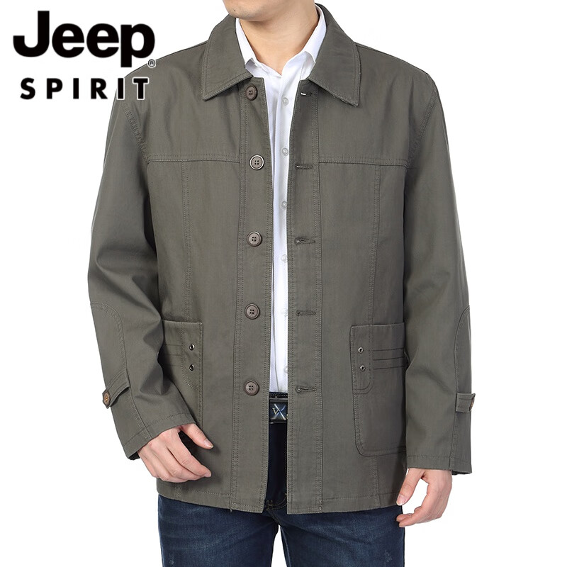 吉普（JEEP）中老年男士全棉夾克中年薄款外套寬松加肥加大夾克衫系紐扣外衣 中灰色 4XL 195(建議190斤左右穿)