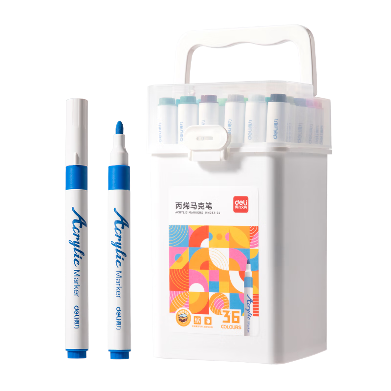 得力（deli）36色儿童学生圆杆丙烯马克笔桶装水彩笔生日礼物防水手绘咕卡荧光记号笔涂鸦HM353学生开学礼物