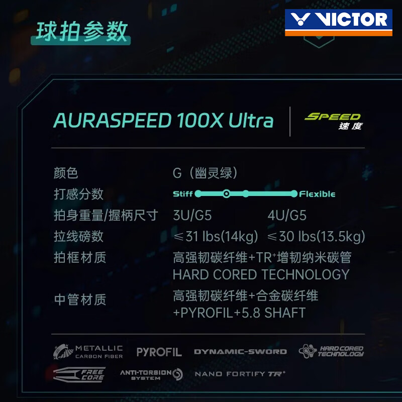 威克多（VICTOR）羽毛球拍龙牙之刃胜利全碳素单拍进攻高端黑金隼100x神速 速弹连快ARS-100X Ultra球星战拍 4U空拍速发