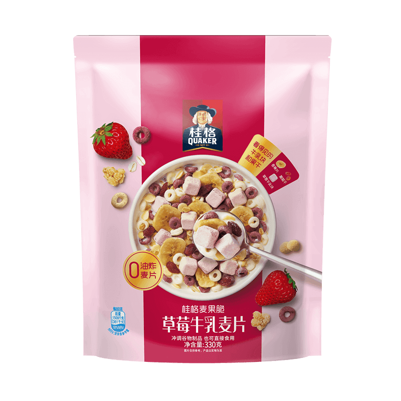 桂格（QUAKER）草莓牛乳燕麦片330g 休闲零食 开袋即食 添加葡萄干