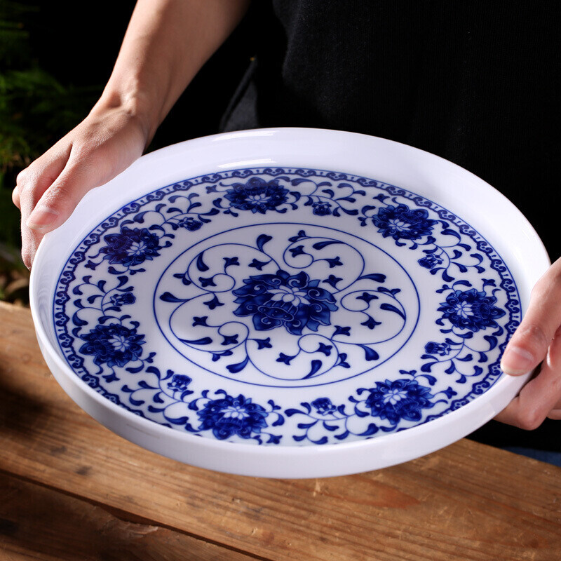 蓼風(fēng)軒景德鎮(zhèn)陶瓷托盤茶盤圓形青花瓷盤子釉下彩中式單層茶具酒具果盤復(fù)古古典琺瑯彩大號(hào)小號(hào)收納盤 【青花纏枝蓮】陶瓷托盤直徑26cm