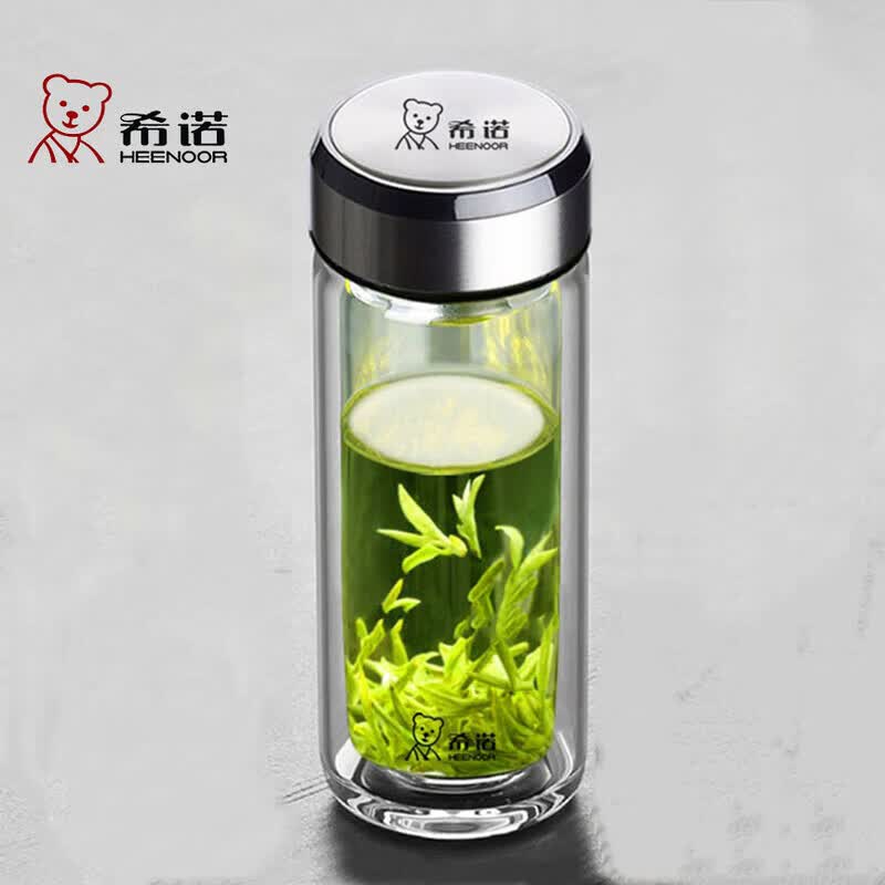 希诺(heenoor)双层玻璃杯男士高档办公车载水杯家用高硼硅隔热防烫大容量泡茶杯 6711本色-315ml-正品小熊杯盖