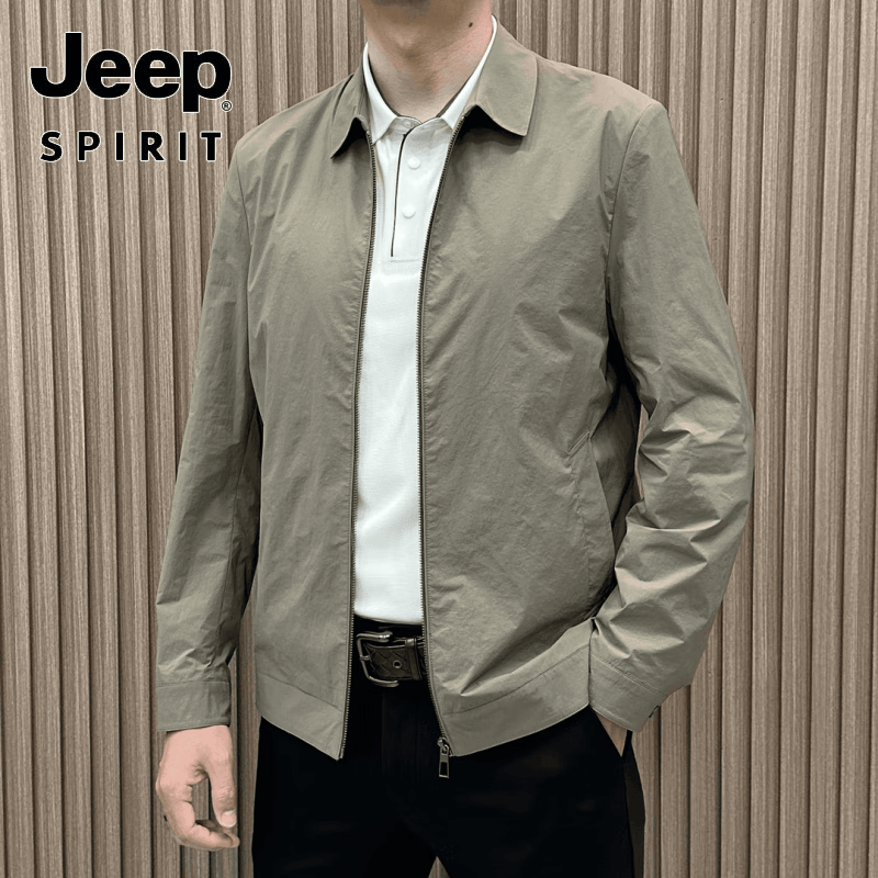 JEEP25春秋季简约薄款透气外套净版纯色青年男士商务休闲翻领拉链夹克 卡其色 L 【110-130斤】