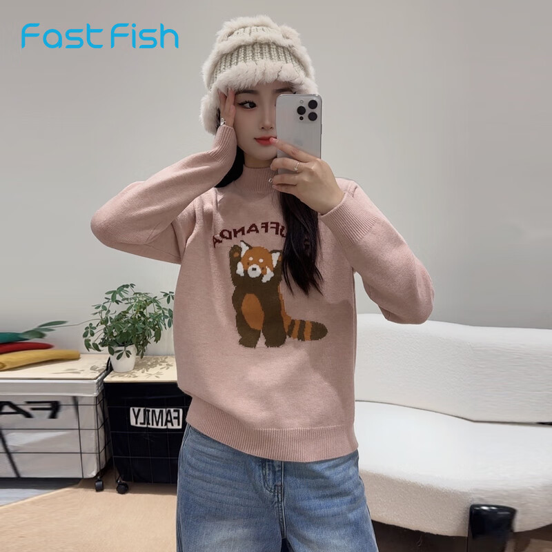 快鱼快鱼2025年春季新款女士针织衫可爱小浣熊亲肤舒适长袖半高领毛衣 淡粉色 M