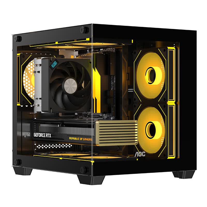 AOC CG381W海景房机箱matx无立柱全景侧透ITX电脑主机箱高颜值DIY台式机游戏电竞水冷白色主机箱小型 CG381B黑+7个寒冰120风扇【4反3正】