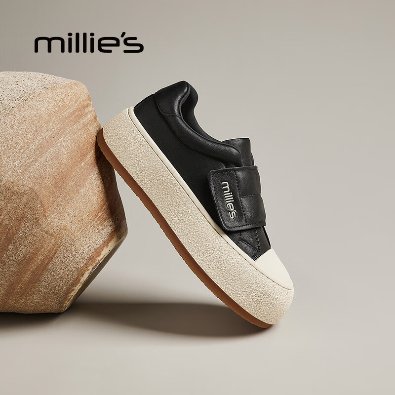 妙丽板鞋女厚底魔术贴浅口小白鞋2025春季新款时尚休闲百搭 黑色 36 (230mm) 标准码