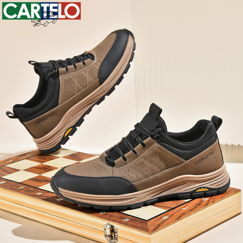 卡帝乐鳄鱼男鞋秋冬季新款男士休闲皮鞋时尚运动休闲鞋百搭舒适旅游鞋子 卡其 5607 41