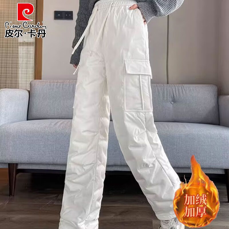 皮尔卡丹保暖棉裤羽绒裤外穿女2026冬季新款防寒加厚大码宽松高腰直筒阔腿 白色 XL